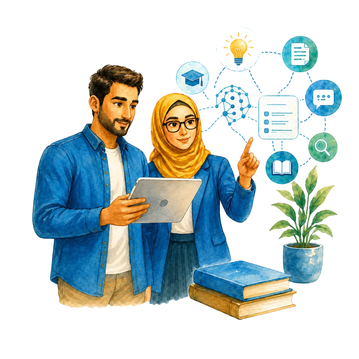 معلّمة ترتدي الحجاب ومعلّم يتشاركان جهازاً لوحياً، وحولهما رموز الدروس والمصادر التعليمية الرقمية وكتب ونبتة.
