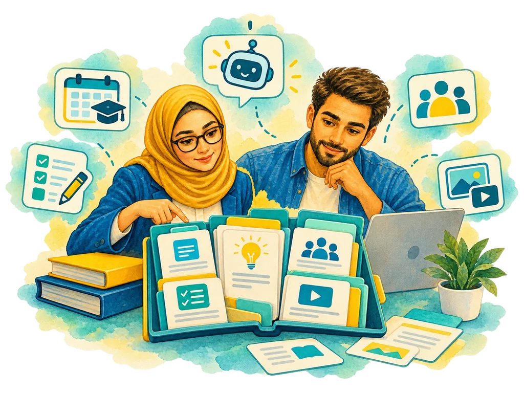 رسم بالألوان المائية لمعلّمة ومعلّم يتصفحان بطاقات مكتبة البرومبتات التعليمية، وحولهما أيقونات التخطيط والمهام والمساعد الذكي.
