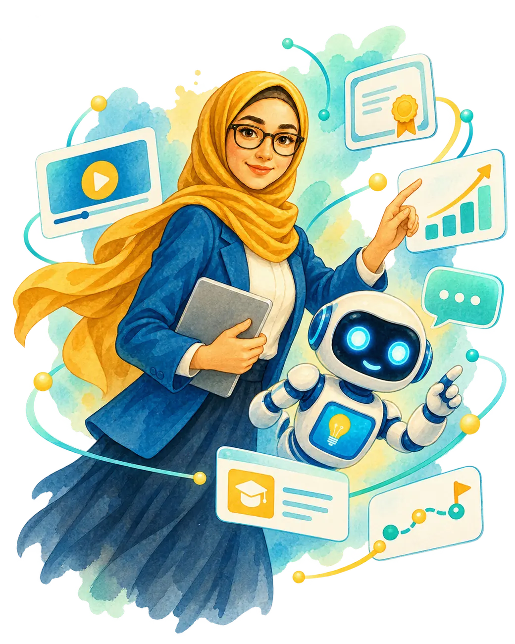 رسم لمعلّمة تحمل جهازاً لوحياً وتشير إلى مخطط التقدّم، وإلى جانبها روبوت الذكاء الاصطناعي، تحيط بها بطاقات: درس مصوّر، شهادة معتمدة، محادثة، قبعة تخرّج، ومسار تعلّم.