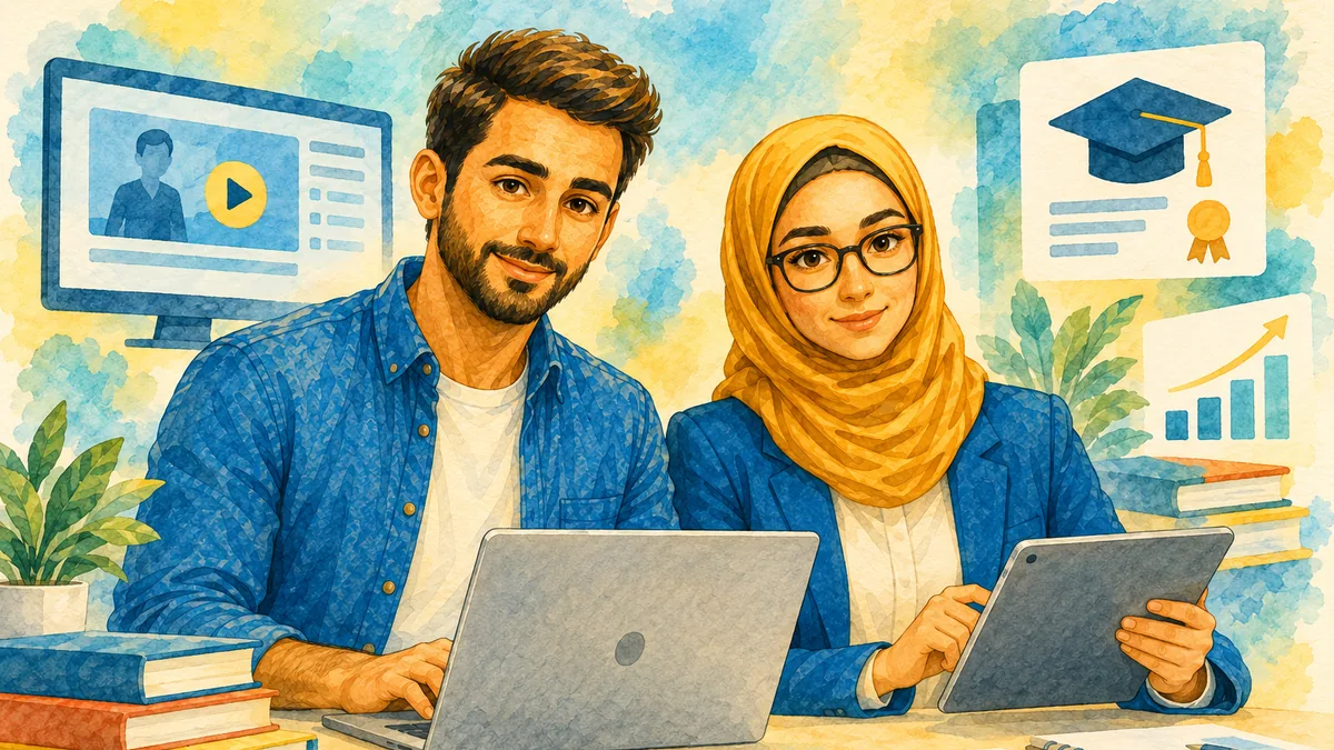 معلّم ومعلّمة يعملان على حاسوب محمول وجهاز لوحي، وخلفهما شاشة درس مرئي وشهادة تخرّج — إشارة إلى تدريب المعلّمين وتطويرهم المهني.