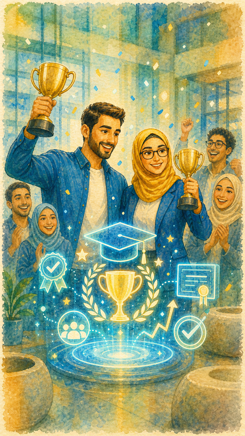 صورة تحتفل بالتخرج مع شخصين يحملان كأسين، وسط أجواء من الفرح والتهاني، مع رموز تمثل النجاح مثل النجوم والشهادات.