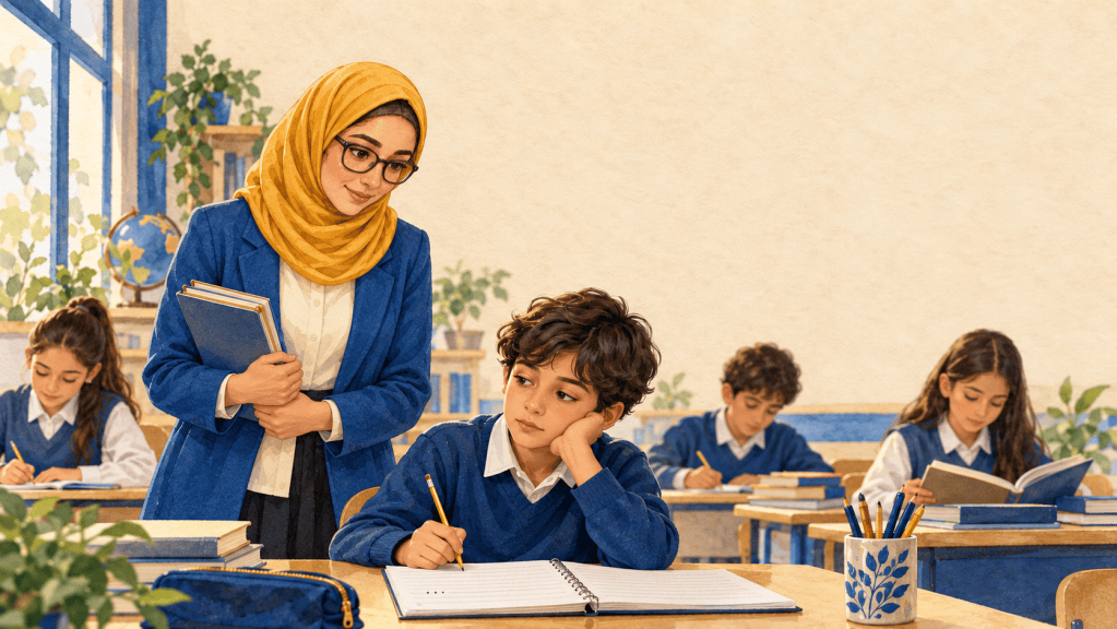 معلمة تلاحظ طالبًا مترددًا في بدء مهمة كتابية لفهم أسباب ضعف الدافعية والانسحاب من التعلم
