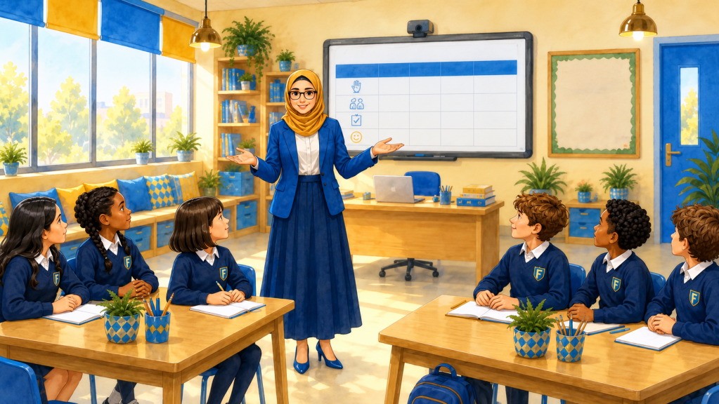 معلمة تطبق استراتيجية الصف المقلوب مع الطلاب من خلال النقاش والتفاعل والعمل داخل الصف