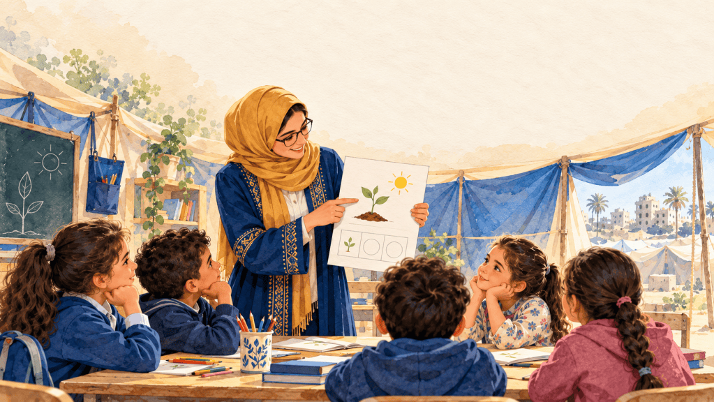 معلمة فلسطينية تشرح نمو النباتات للأطفال داخل خيمة تعليمية في غزة، باستخدام ورقة نشاط مصورة لتعزيز التعلم التفاعلي في ظروف التعليم الطارئ.