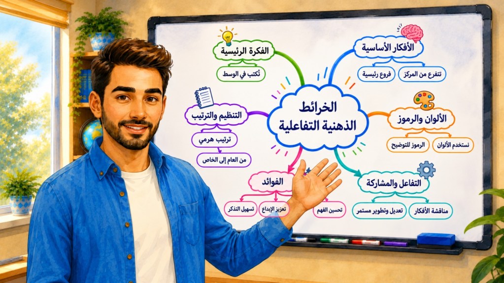 معلم يشرح استراتيجية الخرائط الذهنية التفاعلية باستخدام خريطة ملونة لتنظيم الأفكار وتعزيز الفهم والمشاركة داخل الصف.