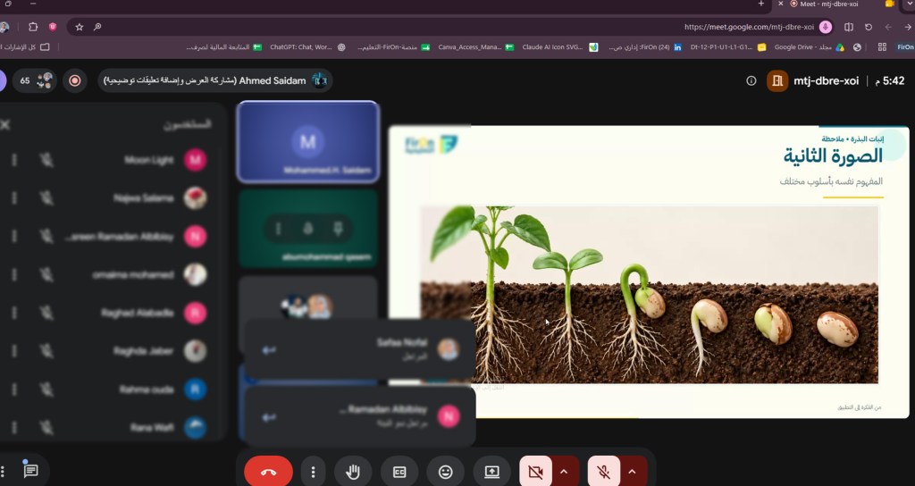 An educational presentation slide showing a split view of seeds in soil, some sprouted with roots and leaves, during an online meeting.